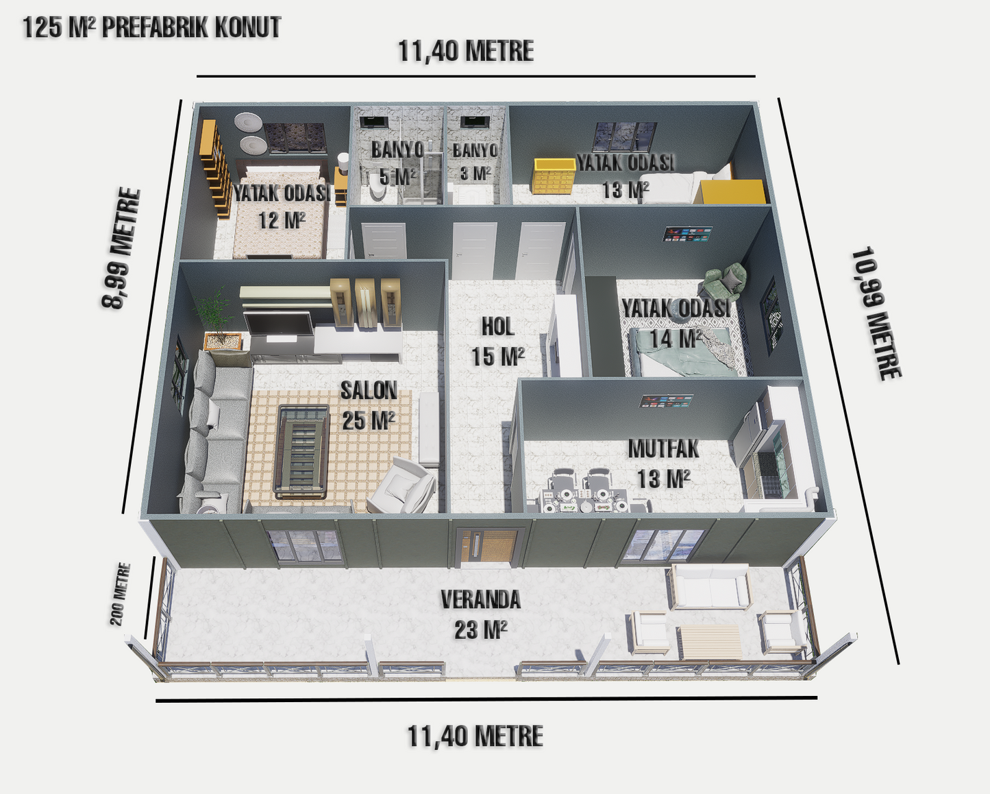 125 m2 Prefabrik Ev | Tek Katlı Prefabrik Ev Modelleri Prime Villa