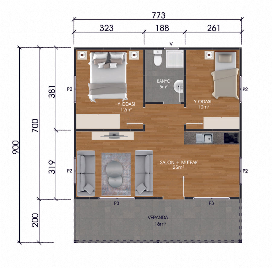72 m2 Prefabrik Ev | Tek Katlı Prefabrik Ev Modelleri Prime Villa