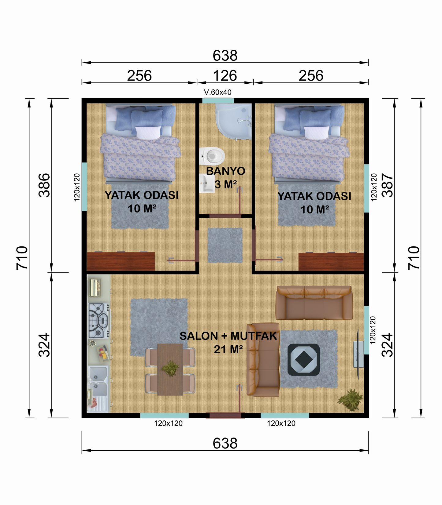 46 m2 Prefabrik Ev | Tek Katlı Prefabrik Ev Modelleri Prime Villa