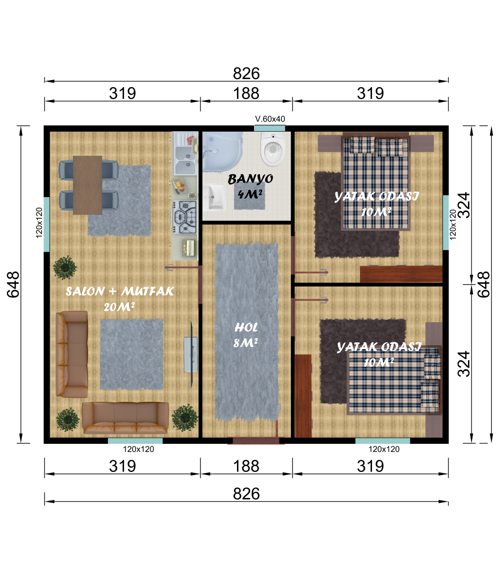 53 m2 Prefabrik Ev | Tek Katlı Prefabrik Ev Modelleri Prime Villa