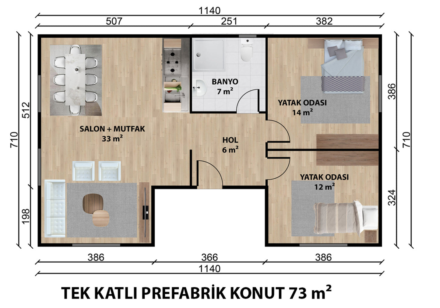 73 m2 Tek Katlı Çelik Ev & Prefabrik Ev Planı | Lüks Ev Modelleri Prime Villa