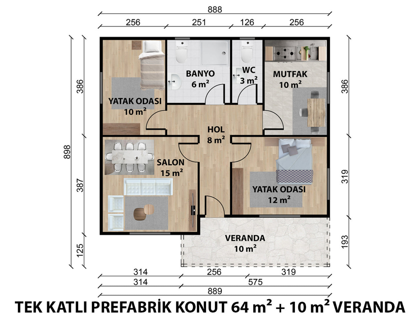 74 m2 Tek Katlı Çelik Ev & Prefabrik Ev Planı | Lüks Ev Modelleri Prime Villa