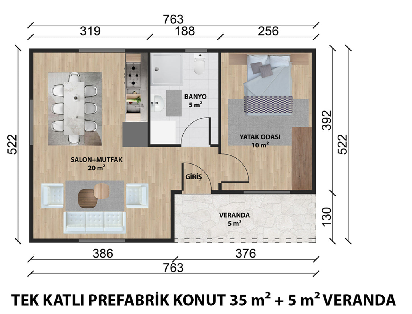 40 m2 Tek Katlı Çelik Ev & Prefabrik Ev Planı | Lüks Ev Modelleri Prime Villa