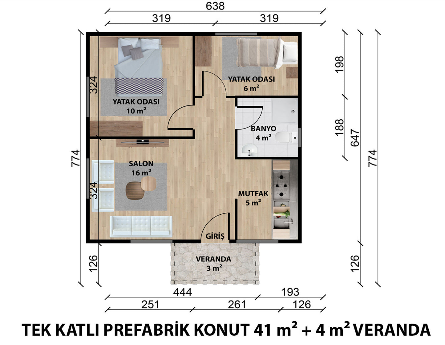 45 m2 Tek Katlı Çelik Ev & Prefabrik Ev Planı | Lüks Ev Modelleri Prime Villa