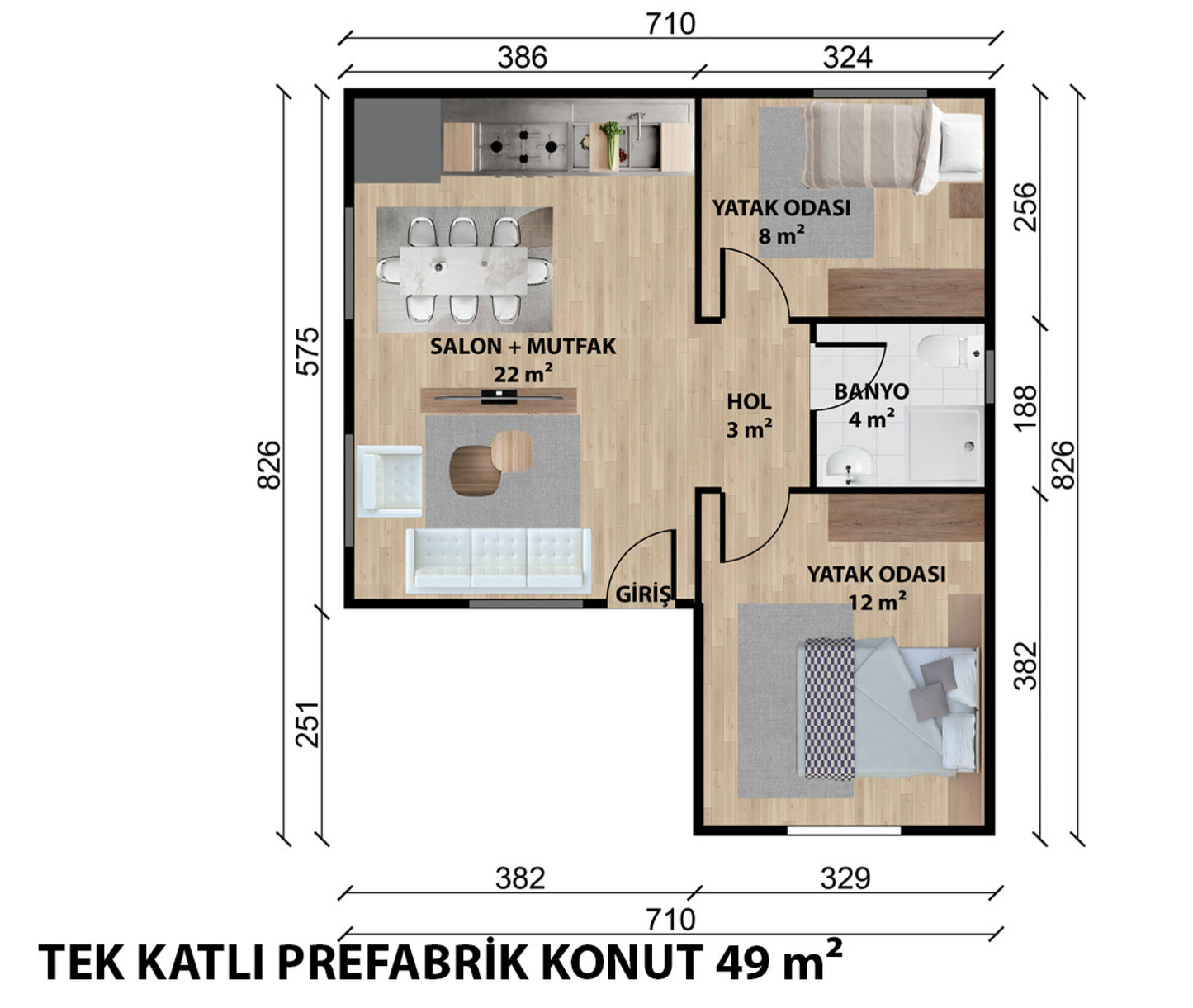 49 m2 Tek Katlı Çelik Ev & Prefabrik Ev Planı | Lüks Ev Modelleri Prime Villa