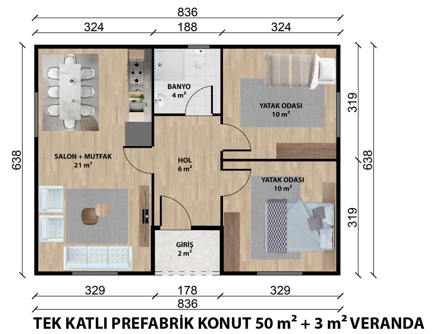 53 m2 Tek Katlı Çelik Ev & Prefabrik Ev Planı | Lüks Ev Modelleri Prime Villa