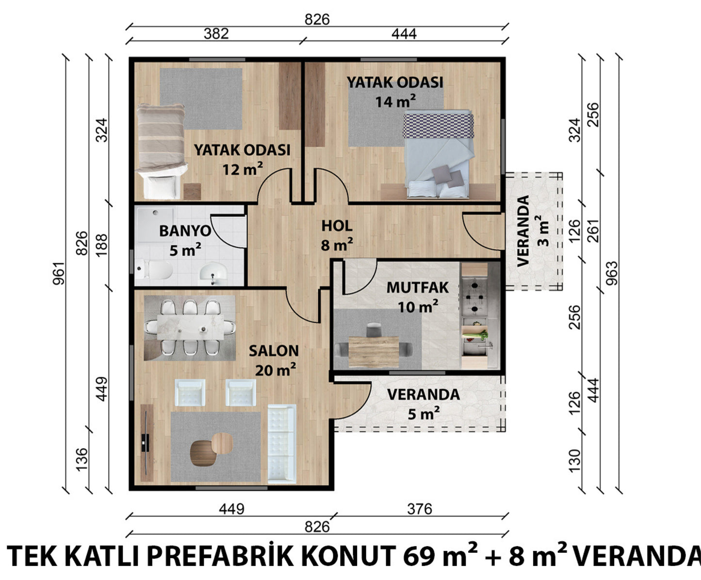 77 m2 Tek Katlı Çelik Ev & Prefabrik Ev Planı | Lüks Ev Modelleri Prime Villa